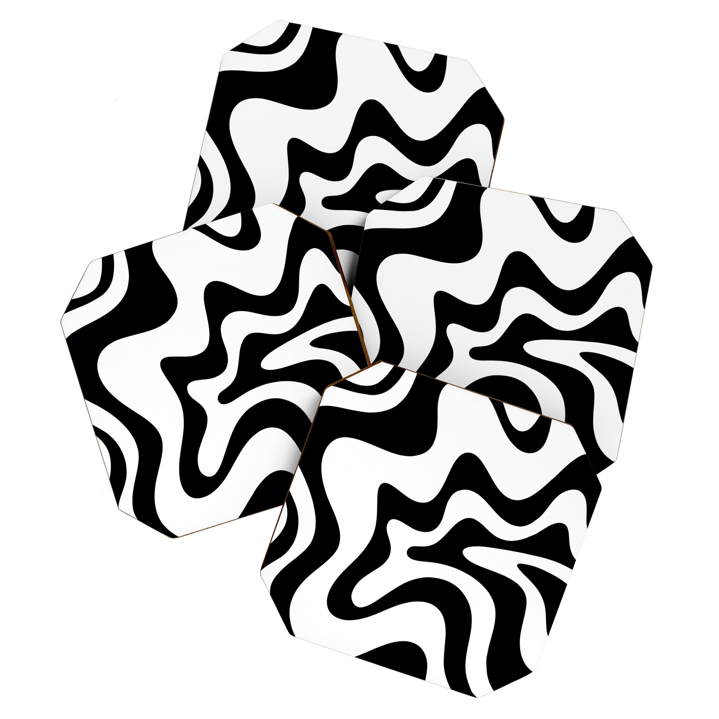 Retro Liquid Swirl Abstract Pattern Square Black and White Coaster Gallery Image 1