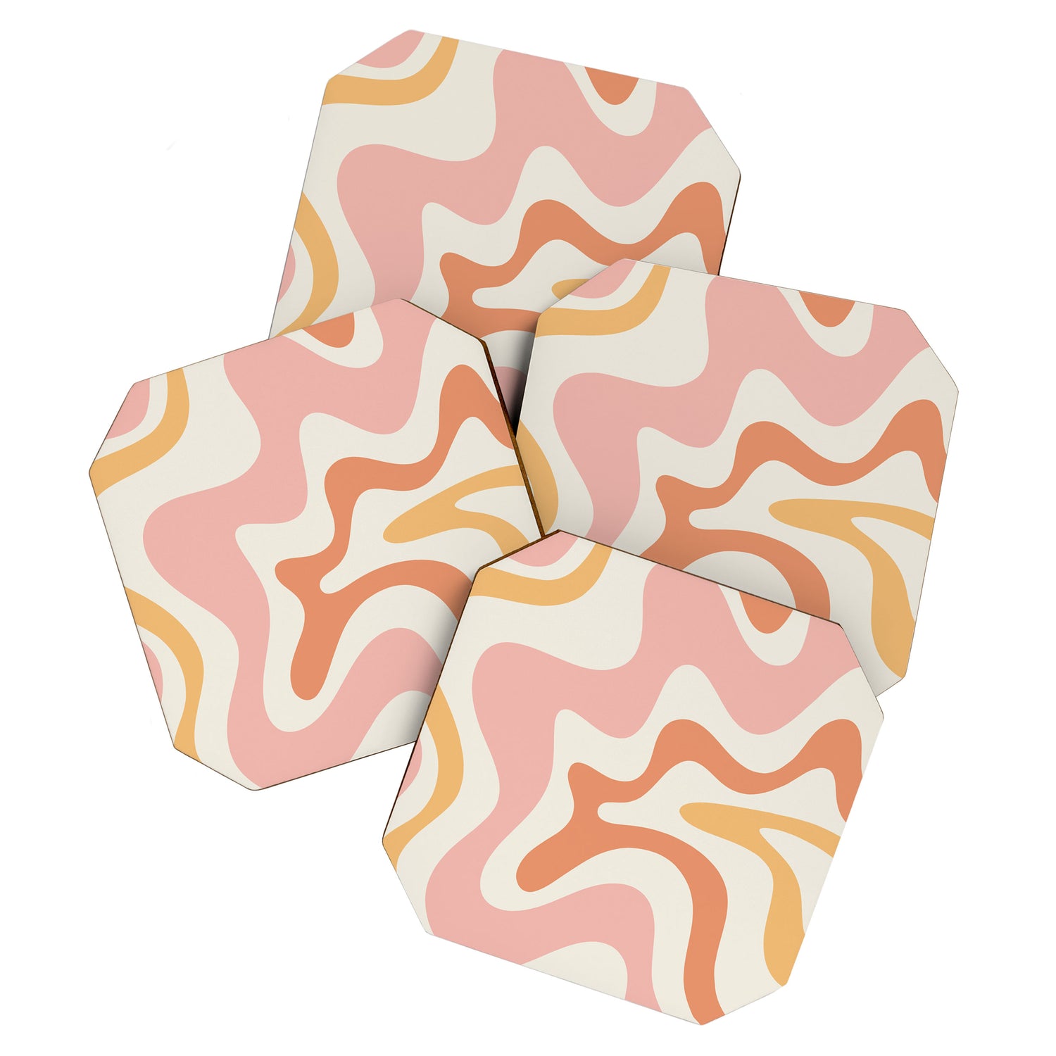 Retro Liquid Swirl Abstract Pattern Square Blush Cream Cantaloupe Mustard Coaster Gallery Image 1