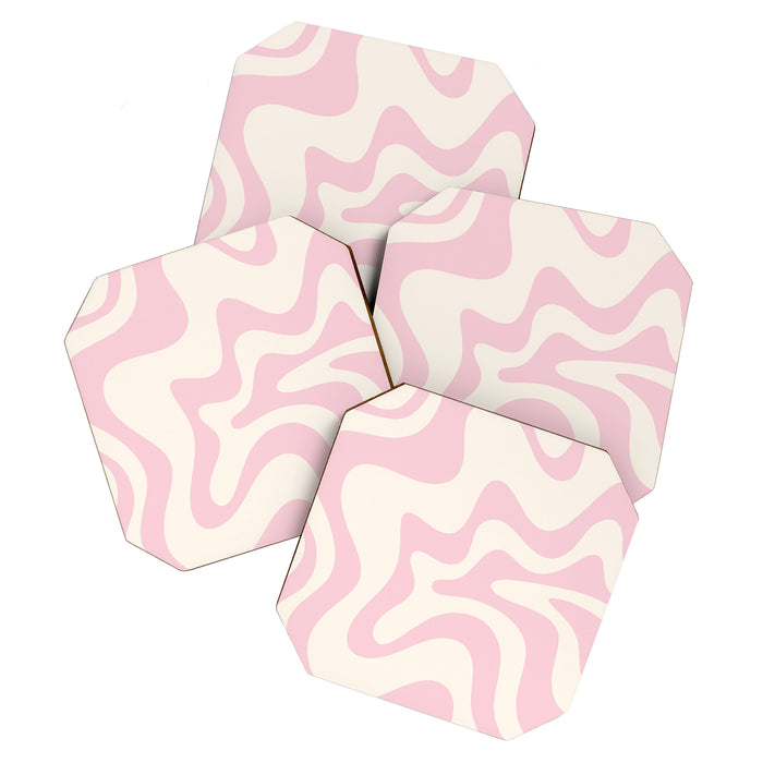 Retro Liquid Swirl Abstract Pattern Square in Baby Pink and Cream Coaster Gallery Image 1