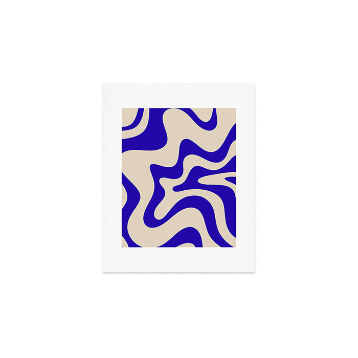 Retro Liquid Swirl Abstract Pattern Square in Beige and Cobalt Blue Art Print Gallery Image 1