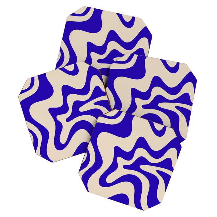 Retro Liquid Swirl Abstract Pattern Square in Beige and Cobalt Blue Coaster Gallery Image 1