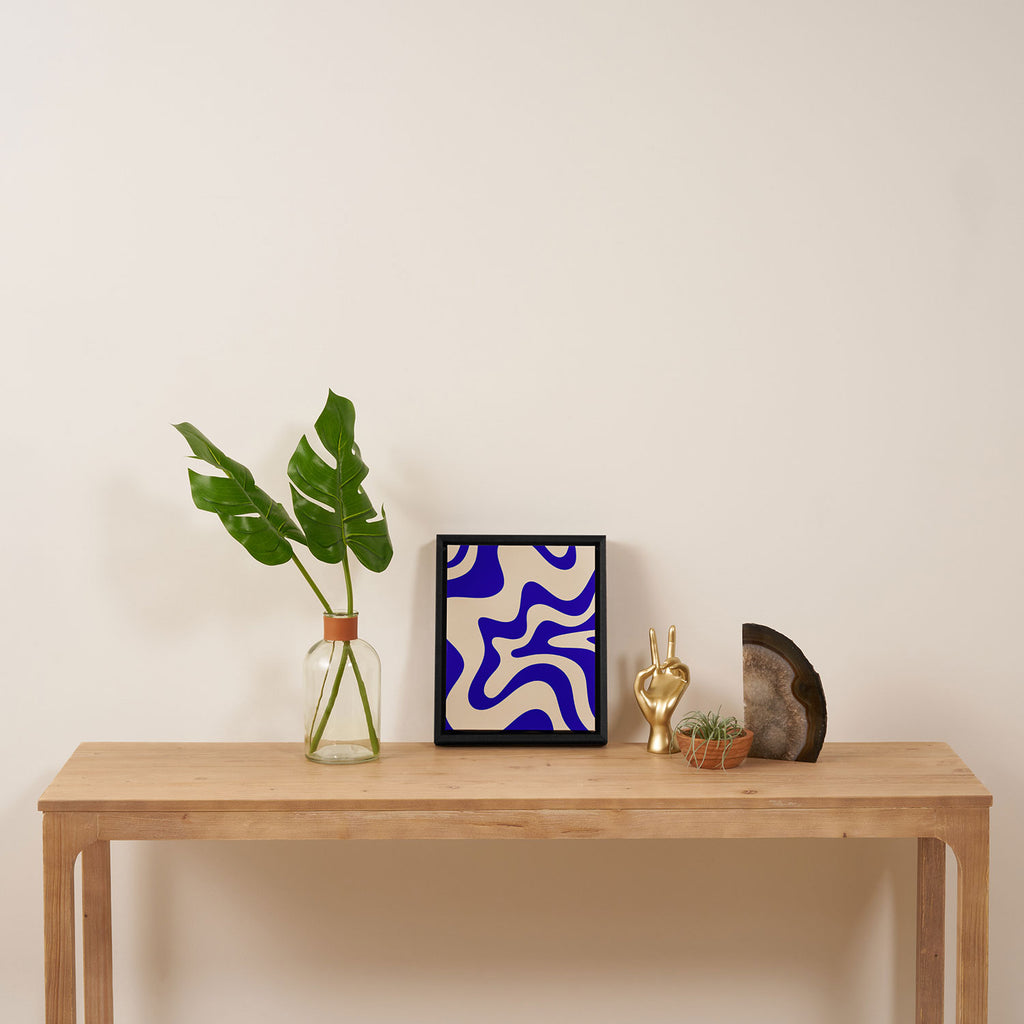 Retro Liquid Swirl Abstract Pattern Square in Beige and Cobalt Blue Framed Canvas Print Gallery Image 4