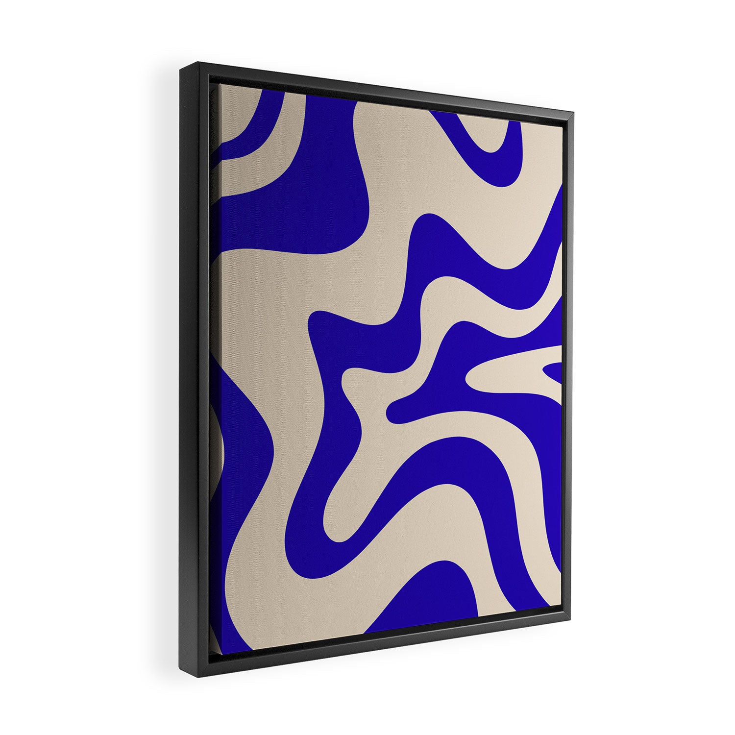 Retro Liquid Swirl Abstract Pattern Square in Beige and Cobalt Blue Framed Canvas Print Gallery Image 2