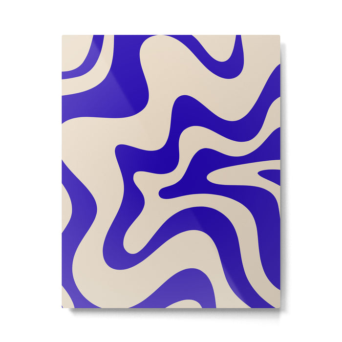 Retro Liquid Swirl Abstract Pattern Square in Beige and Cobalt Blue Metal Print Gallery Image 1