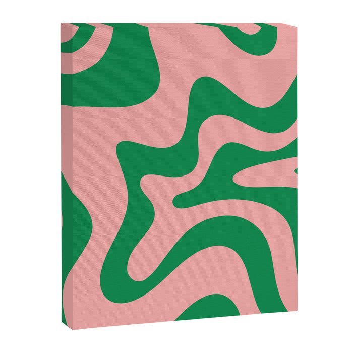 Retro Liquid Swirl Abstract Pattern Square in Bright Green and Blush Pink Canvas Print Gallery Image 1