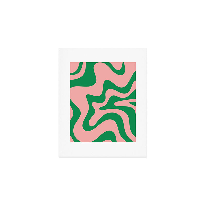Retro Liquid Swirl Abstract Pattern Square in Bright Green and Blush Pink Art Print Gallery Image 1