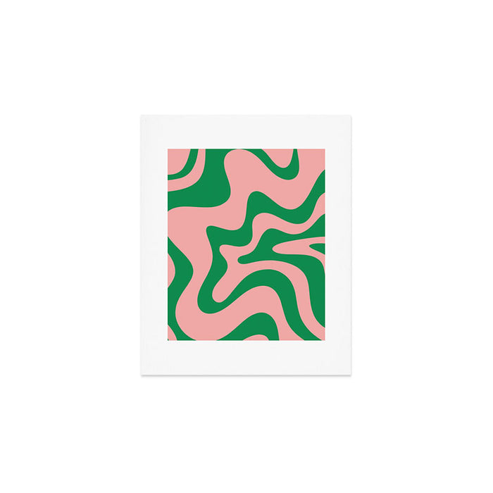 Retro Liquid Swirl Abstract Pattern Square in Bright Green and Blush Pink Art Print Gallery Image 1