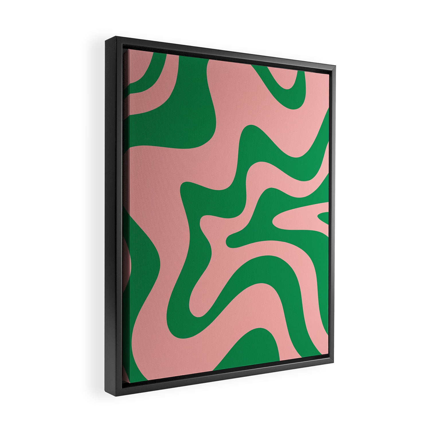 Retro Liquid Swirl Abstract Pattern Square in Bright Green and Blush Pink Framed Canvas Print Gallery Image 2