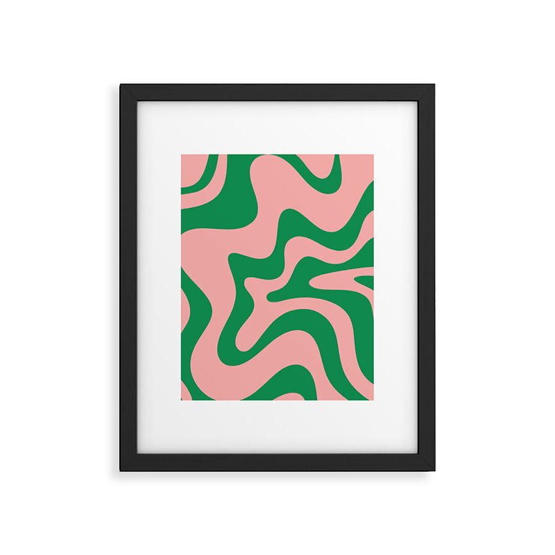 Retro Liquid Swirl Abstract Pattern Square in Bright Green and Blush Pink Framed Art Print Gallery Image 6