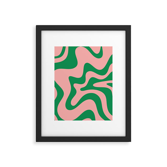 Retro Liquid Swirl Abstract Pattern Square in Bright Green and Blush Pink Framed Art Print Gallery Image 1