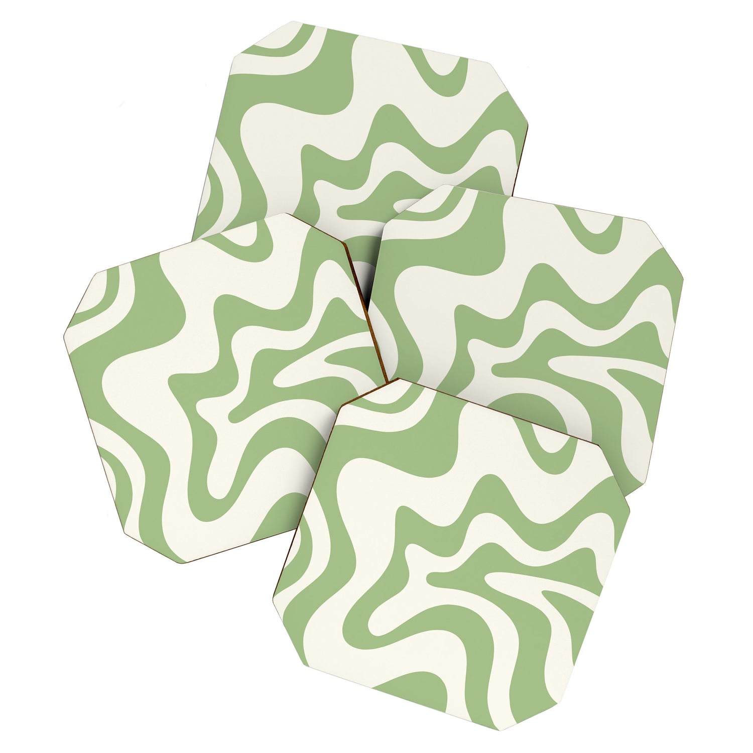 Retro Liquid Swirl Abstract Pattern Square in Light Sage Green and Cream Coaster Gallery Image 1