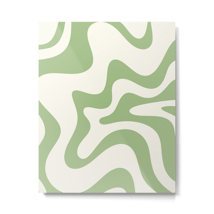 Retro Liquid Swirl Abstract Pattern Square in Light Sage Green and Cream Metal Print Gallery Image 1