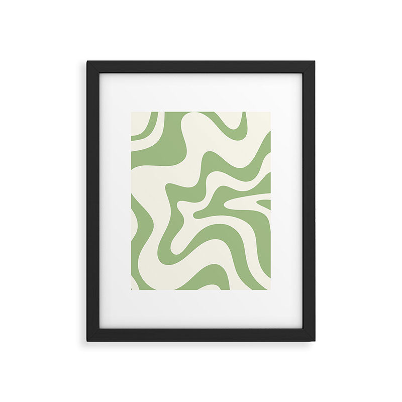 Retro Liquid Swirl Abstract Pattern Square in Light Sage Green and Cream Framed Art Print Gallery Image 6