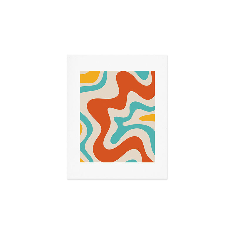 Retro Liquid Swirl Abstract Pattern Square in Mid Century Modern Burnt Orange, Teal Blue, Mustard Yellow, and Beige Art Print Gallery Image 1