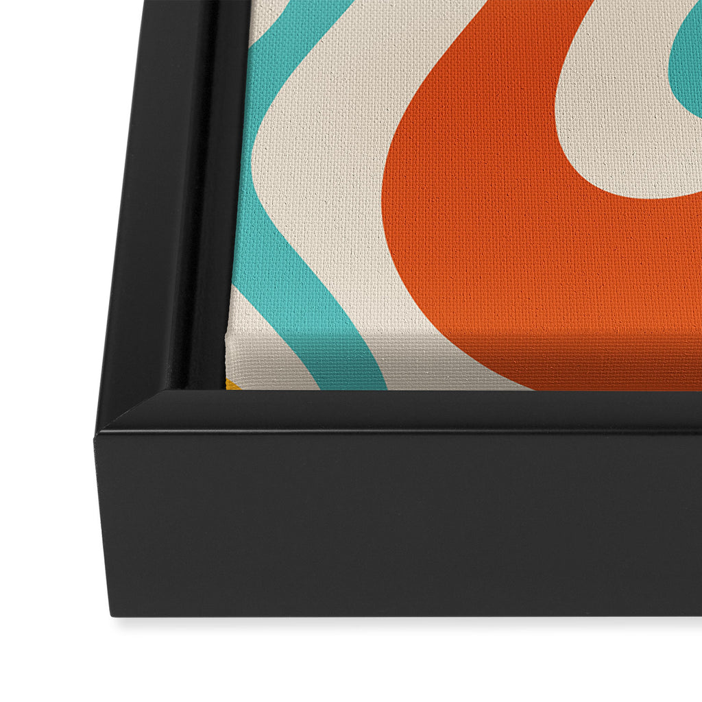 Retro Liquid Swirl Abstract Pattern Square in Mid Century Modern Burnt Orange, Teal Blue, Mustard Yellow, and Beige Framed Canvas Print Gallery Image 3