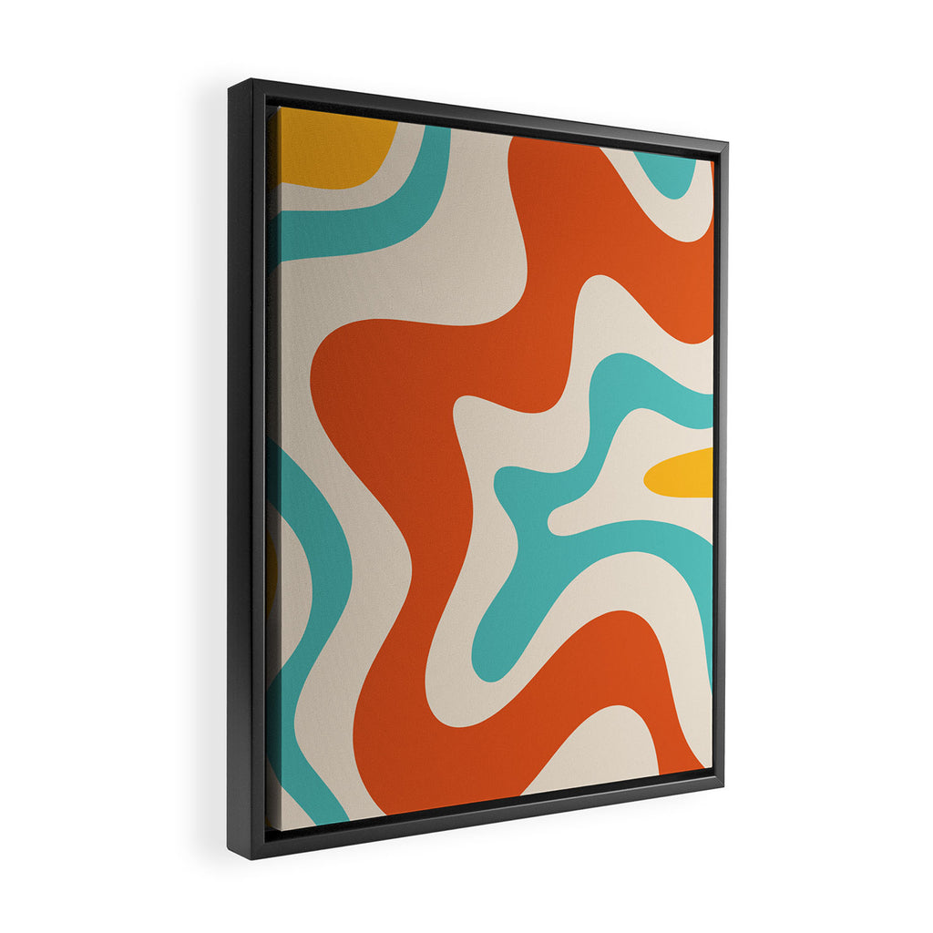 Retro Liquid Swirl Abstract Pattern Square in Mid Century Modern Burnt Orange, Teal Blue, Mustard Yellow, and Beige Framed Canvas Print Gallery Image 2