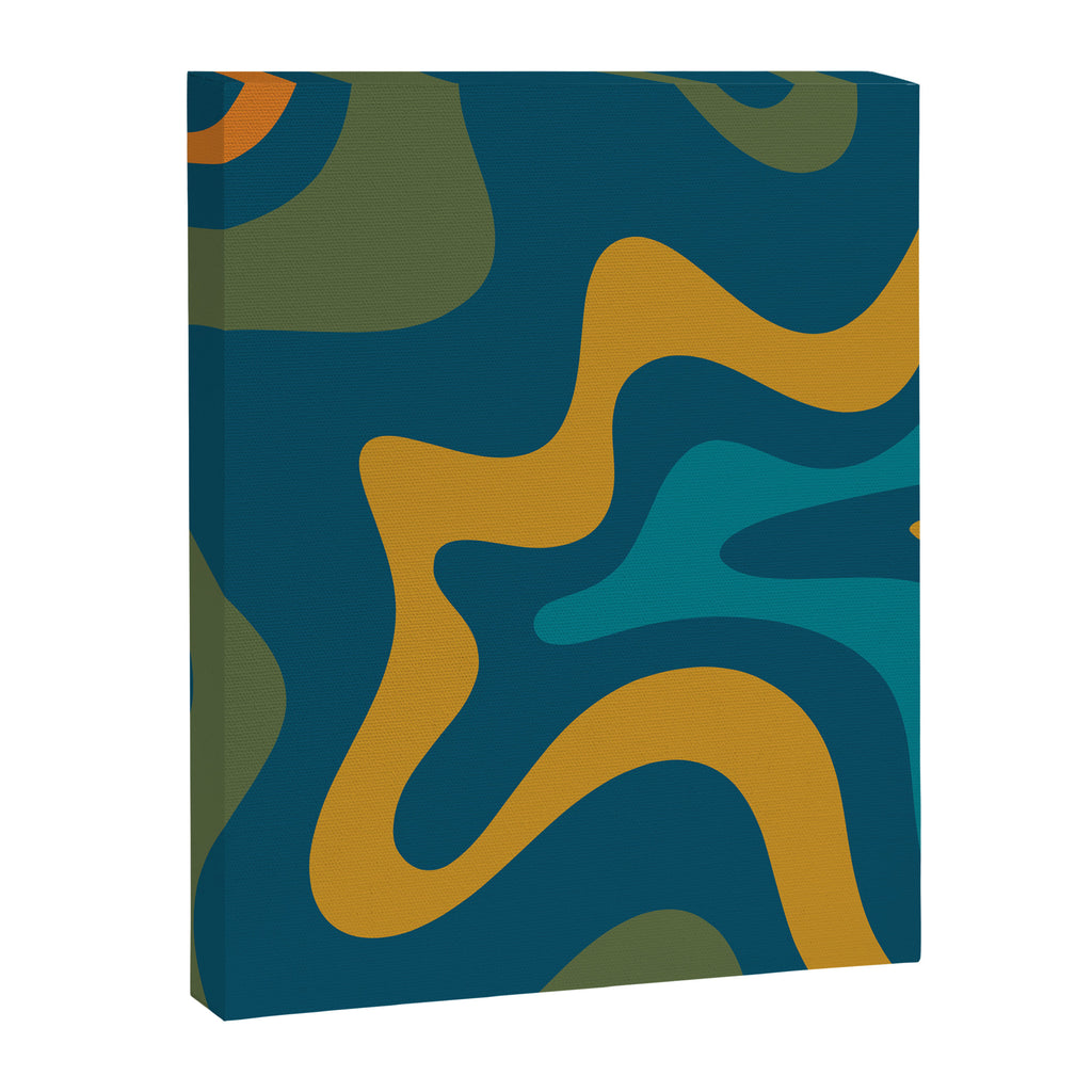 Retro Liquid Swirl Abstract Pattern Square in Moroccan Blue, Teal, Olive, Orange, and Ochre Canvas Print Gallery Image 8