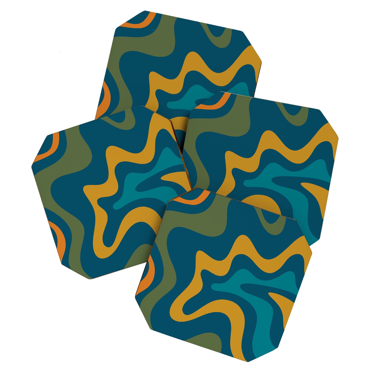 Retro Liquid Swirl Abstract Pattern Square in Moroccan Blue, Teal, Olive, Orange, and Ochre Coaster Gallery Image 1