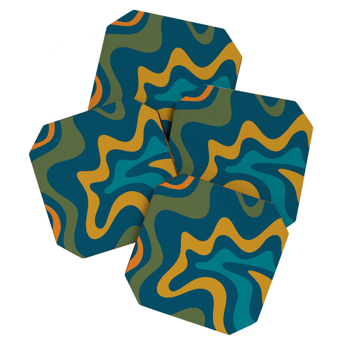 Retro Liquid Swirl Abstract Pattern Square in Moroccan Blue, Teal, Olive, Orange, and Ochre Coaster Gallery Image 1