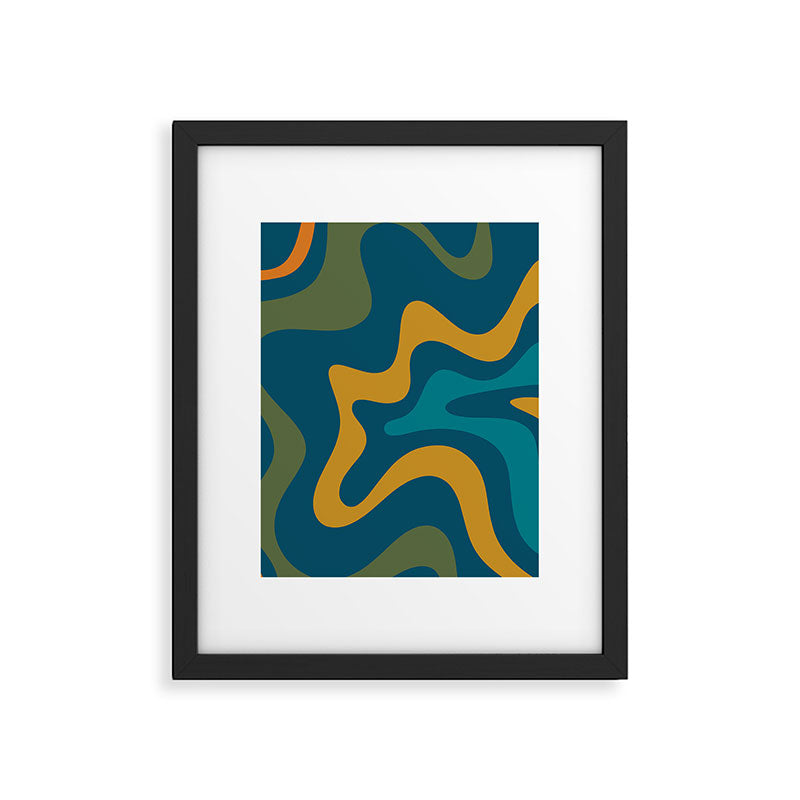 Retro Liquid Swirl Abstract Pattern Square in Moroccan Blue, Teal, Olive, Orange, and Ochre Framed Art Print Gallery Image 6