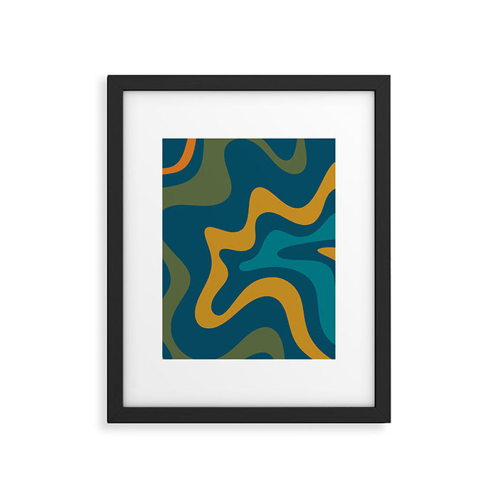 Retro Liquid Swirl Abstract Pattern Square in Moroccan Blue, Teal, Olive, Orange, and Ochre Framed Art Print Gallery Image 1