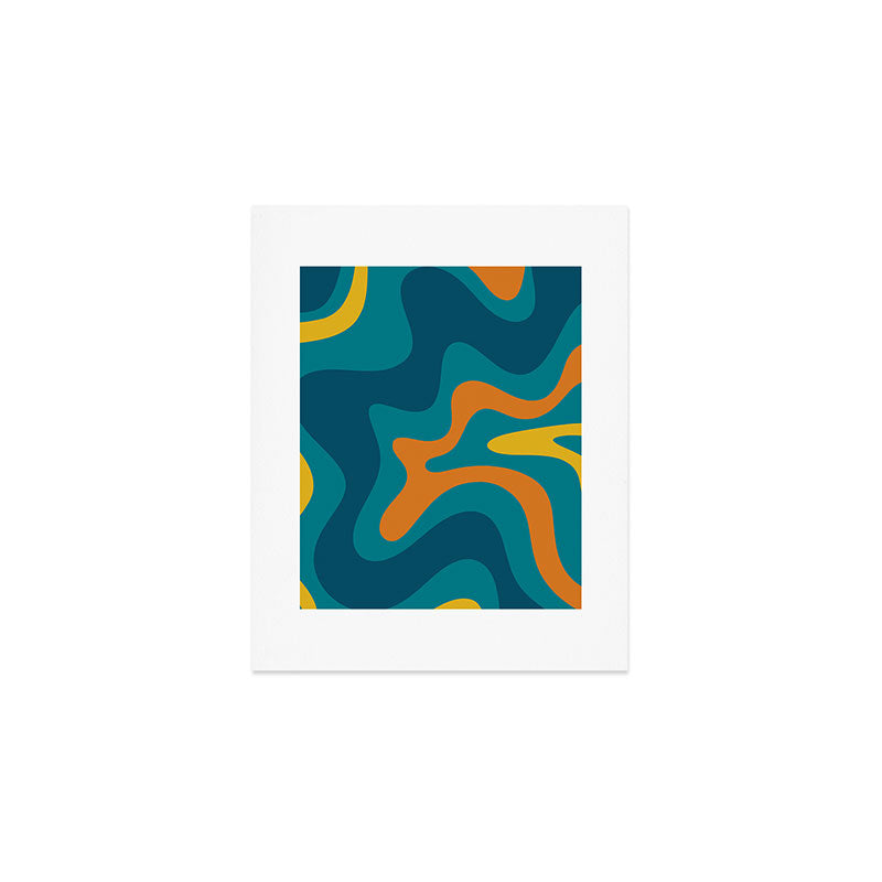 Retro Liquid Swirl Abstract Pattern Square in Moroccan Blue, Teal, Orange, and Mustard Art Print Gallery Image 1