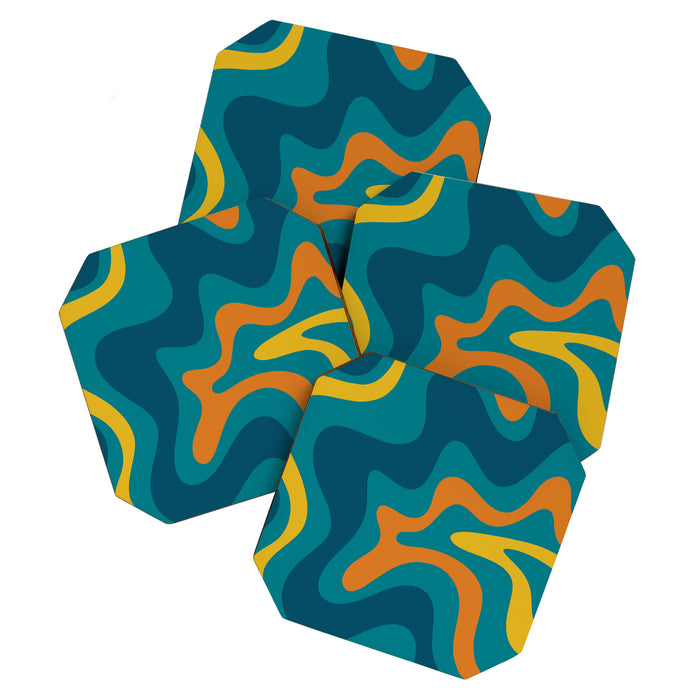 Retro Liquid Swirl Abstract Pattern Square in Moroccan Blue, Teal, Orange, and Mustard Coaster Gallery Image 1