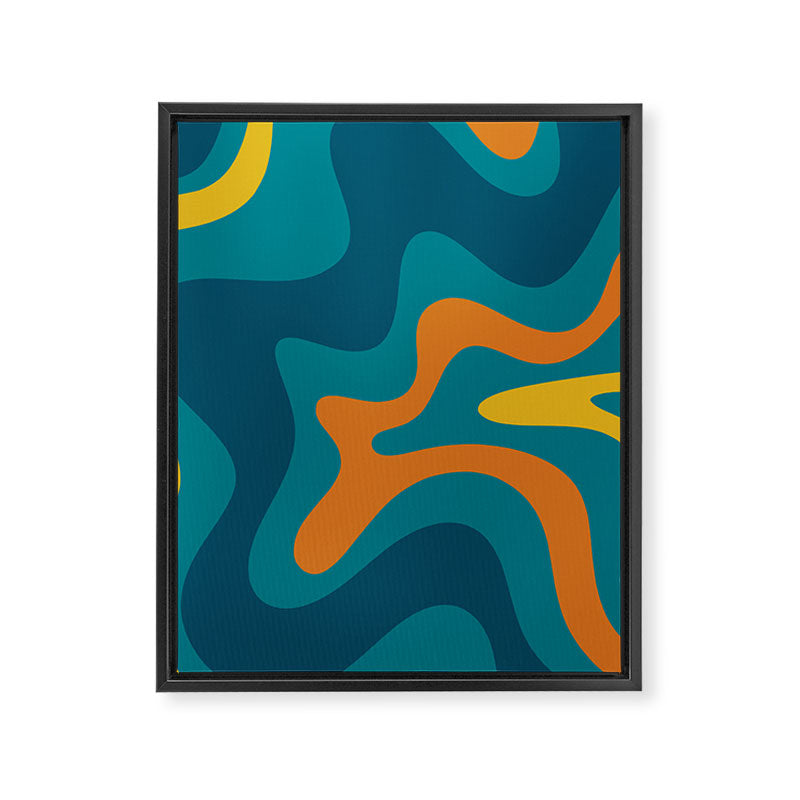 Retro Liquid Swirl Abstract Pattern Square in Moroccan Blue, Teal, Orange, and Mustard Framed Canvas Print Gallery Image 8