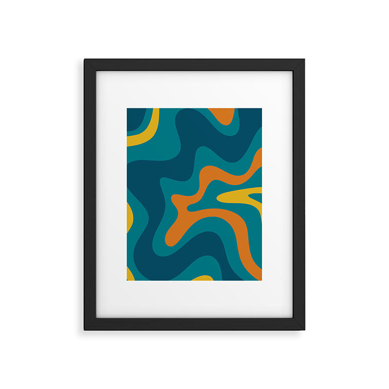 Retro Liquid Swirl Abstract Pattern Square in Moroccan Blue, Teal, Orange, and Mustard Framed Art Print Gallery Image 6