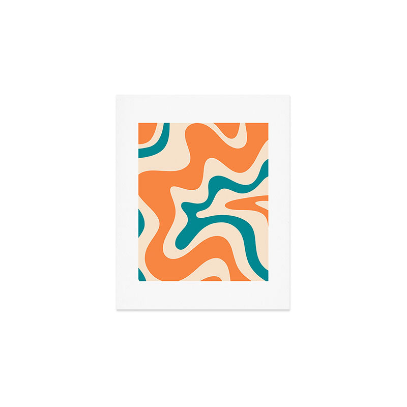 Retro Liquid Swirl Abstract Pattern Square in Orange and Teal Blue Art Print Gallery Image 1