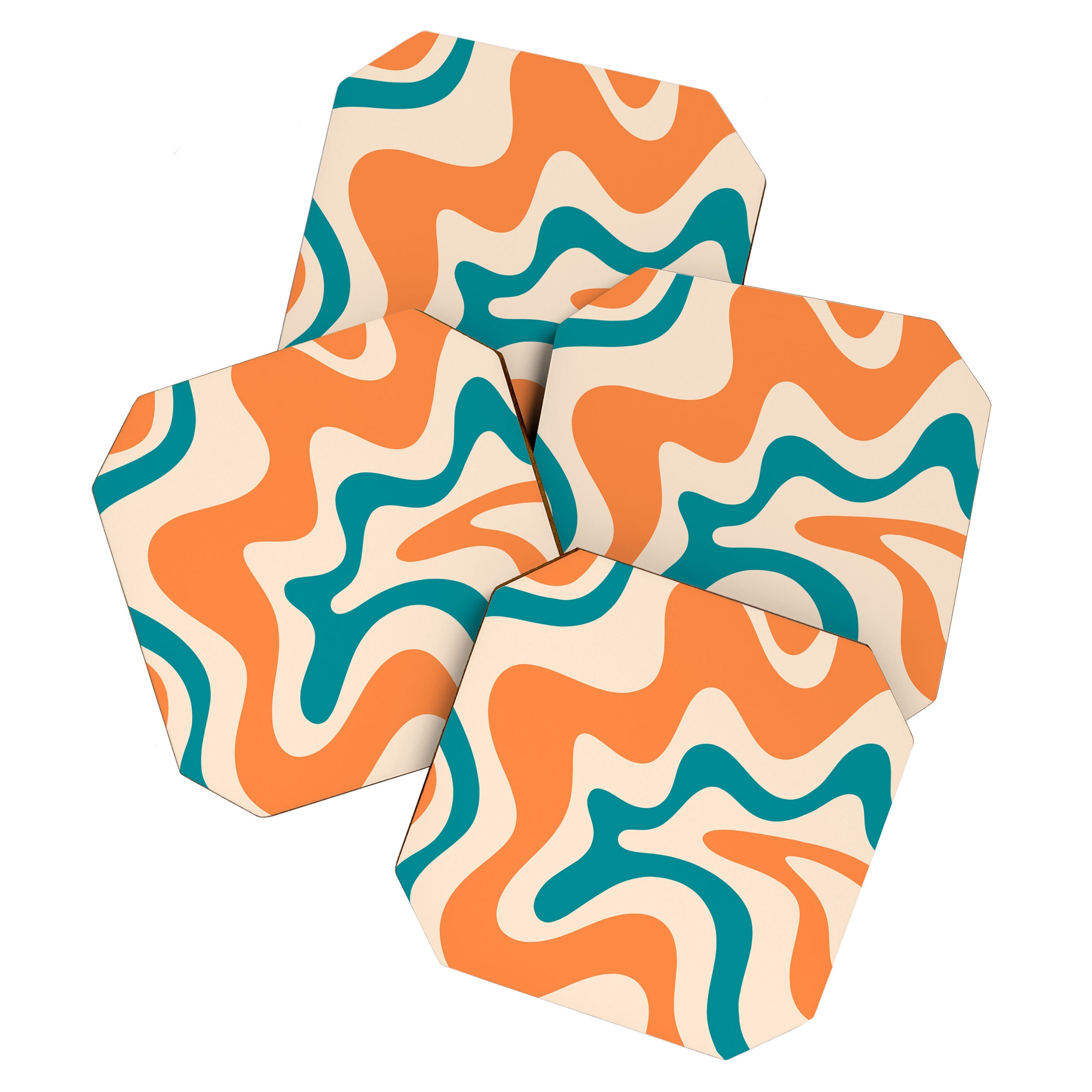 Retro Liquid Swirl Abstract Pattern Square in Orange and Teal Blue Coaster Gallery Image 1