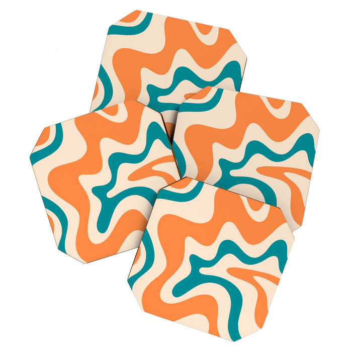 Retro Liquid Swirl Abstract Pattern Square in Orange and Teal Blue Coaster Gallery Image 1