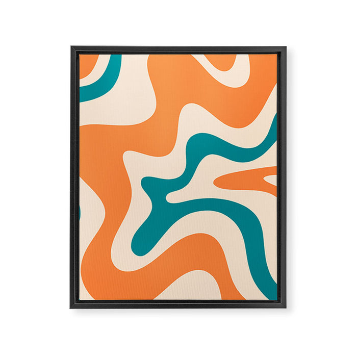Retro Liquid Swirl Abstract Pattern Square in Orange and Teal Blue Framed Canvas Print Gallery Image 1