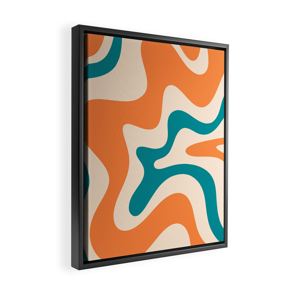 Retro Liquid Swirl Abstract Pattern Square in Orange and Teal Blue Framed Canvas Print Gallery Image 2