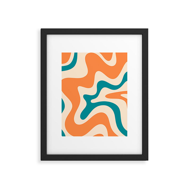 Retro Liquid Swirl Abstract Pattern Square in Orange and Teal Blue Framed Art Print Gallery Image 6