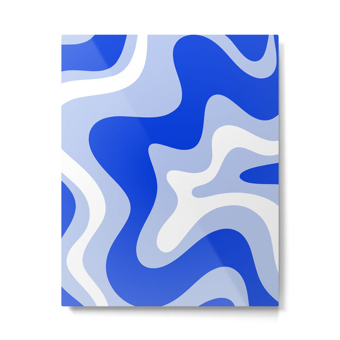 Retro Liquid Swirl Abstract Pattern Square in Royal Blue, Light Blue, and White Metal Print Gallery Image 1