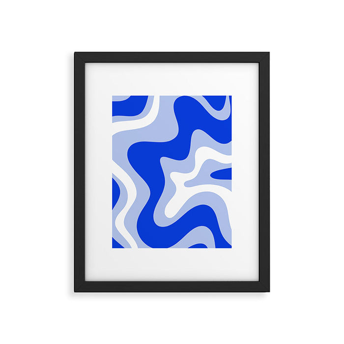 Retro Liquid Swirl Abstract Pattern Square in Royal Blue, Light Blue, and White Framed Art Print Gallery Image 1