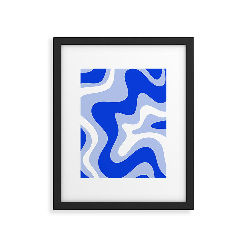 Retro Liquid Swirl Abstract Pattern Square in Royal Blue, Light Blue, and White Framed Art Print Gallery Image 6