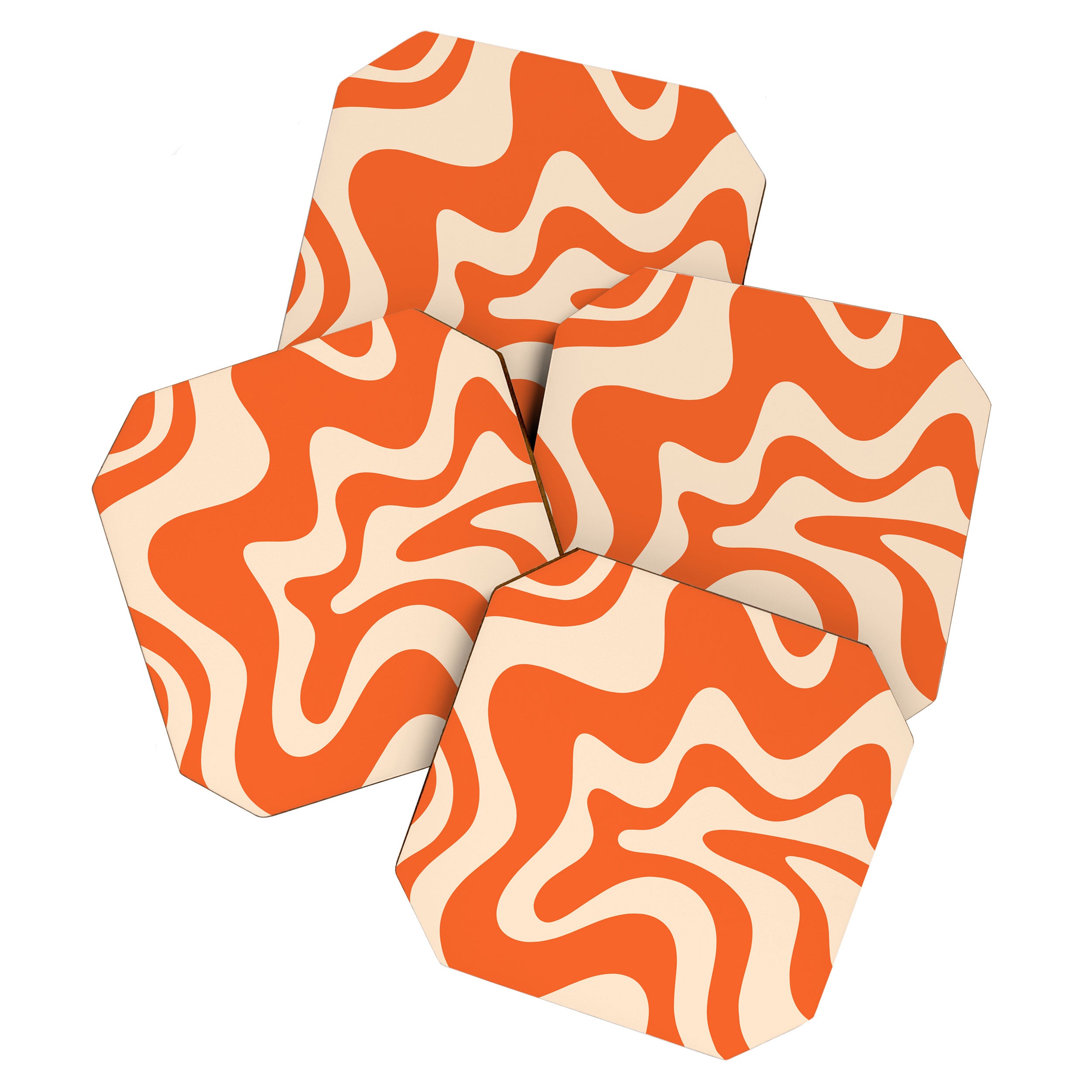 Retro Liquid Swirl Abstract Pattern Square in Tangerine Orange and Peach Coaster Gallery Image 1