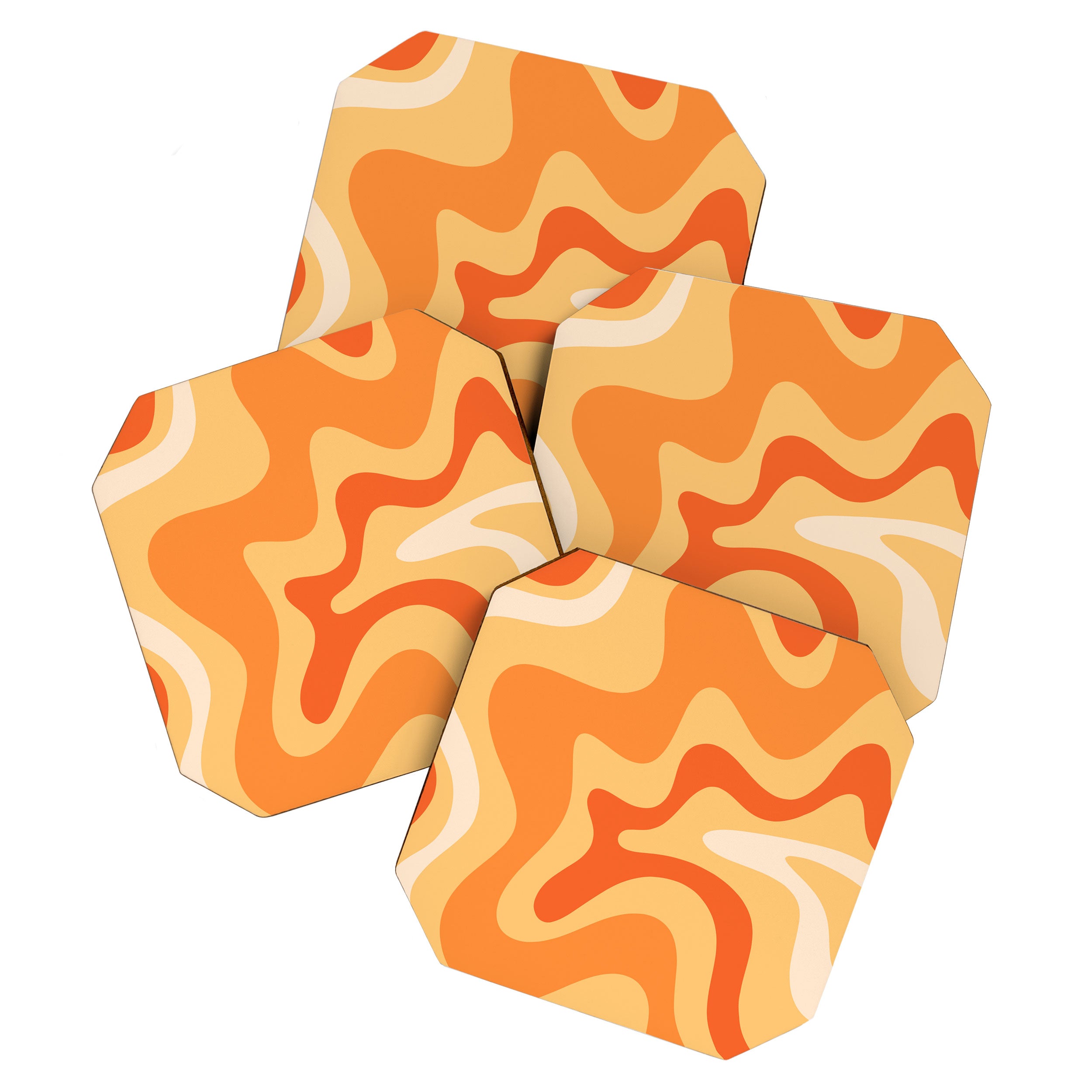 Retro Liquid Swirl Abstract Pattern Square in Tangerine Orange Yellow Tones Coaster Gallery Image 1