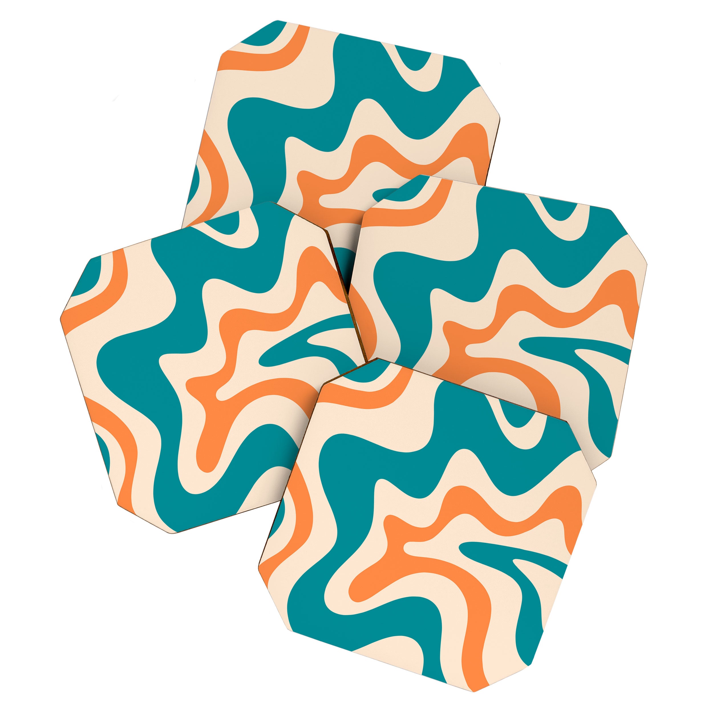 Retro Liquid Swirl Abstract Pattern Square in Teal Blue and Orange Coaster Gallery Image 1