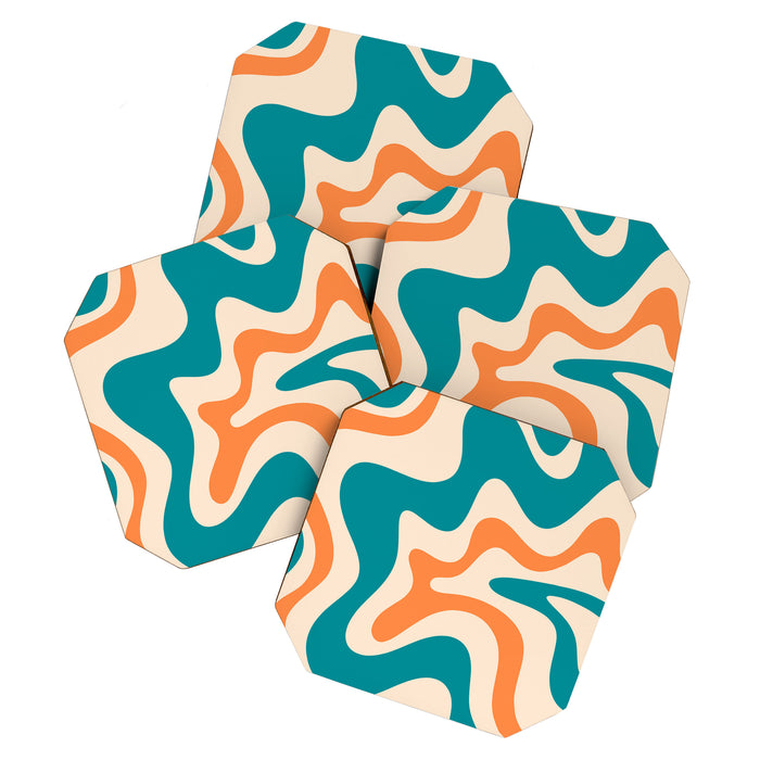 Retro Liquid Swirl Abstract Pattern Square in Teal Blue and Orange Coaster Gallery Image 1