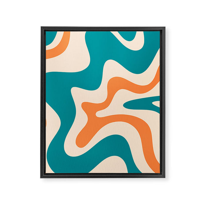 Retro Liquid Swirl Abstract Pattern Square in Teal Blue and Orange Framed Canvas Print Gallery Image 1