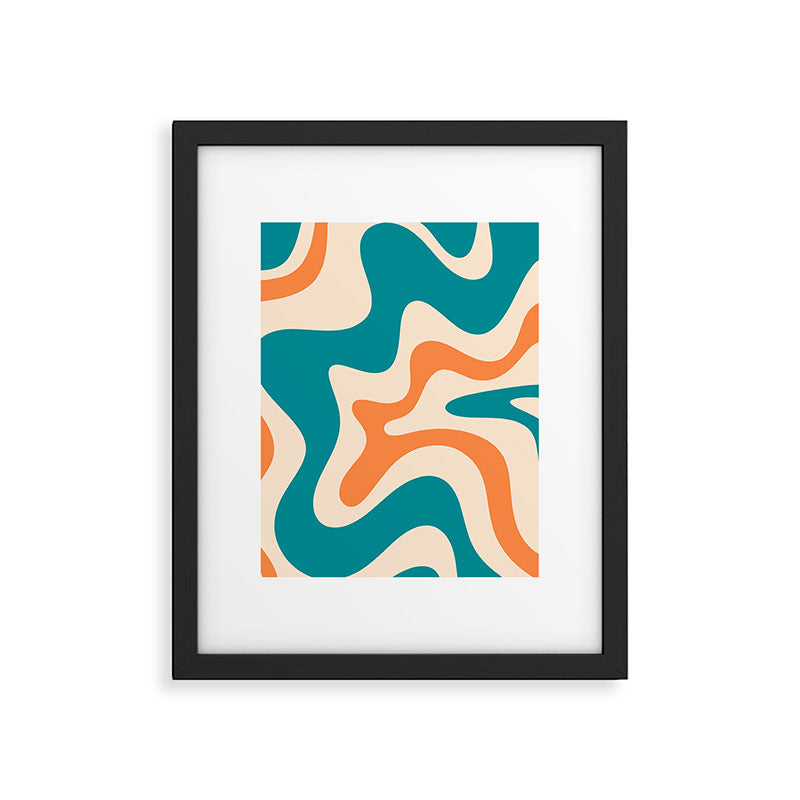 Retro Liquid Swirl Abstract Pattern Square in Teal Blue and Orange Framed Art Print Gallery Image 6