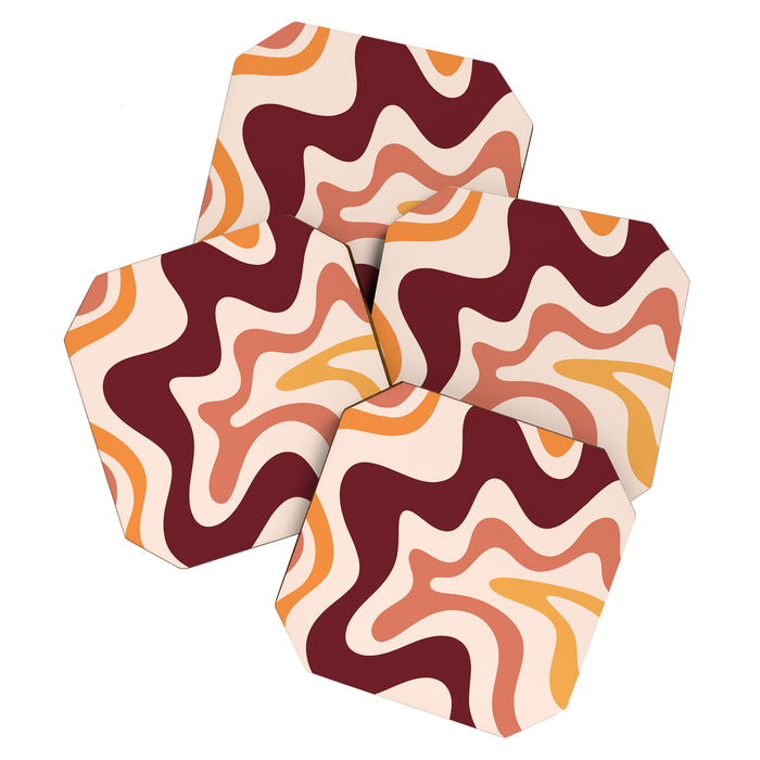 Retro Liquid Swirl Abstract Pattern Square in Terracotta Earth Tones on Cream Coaster Gallery Image 1