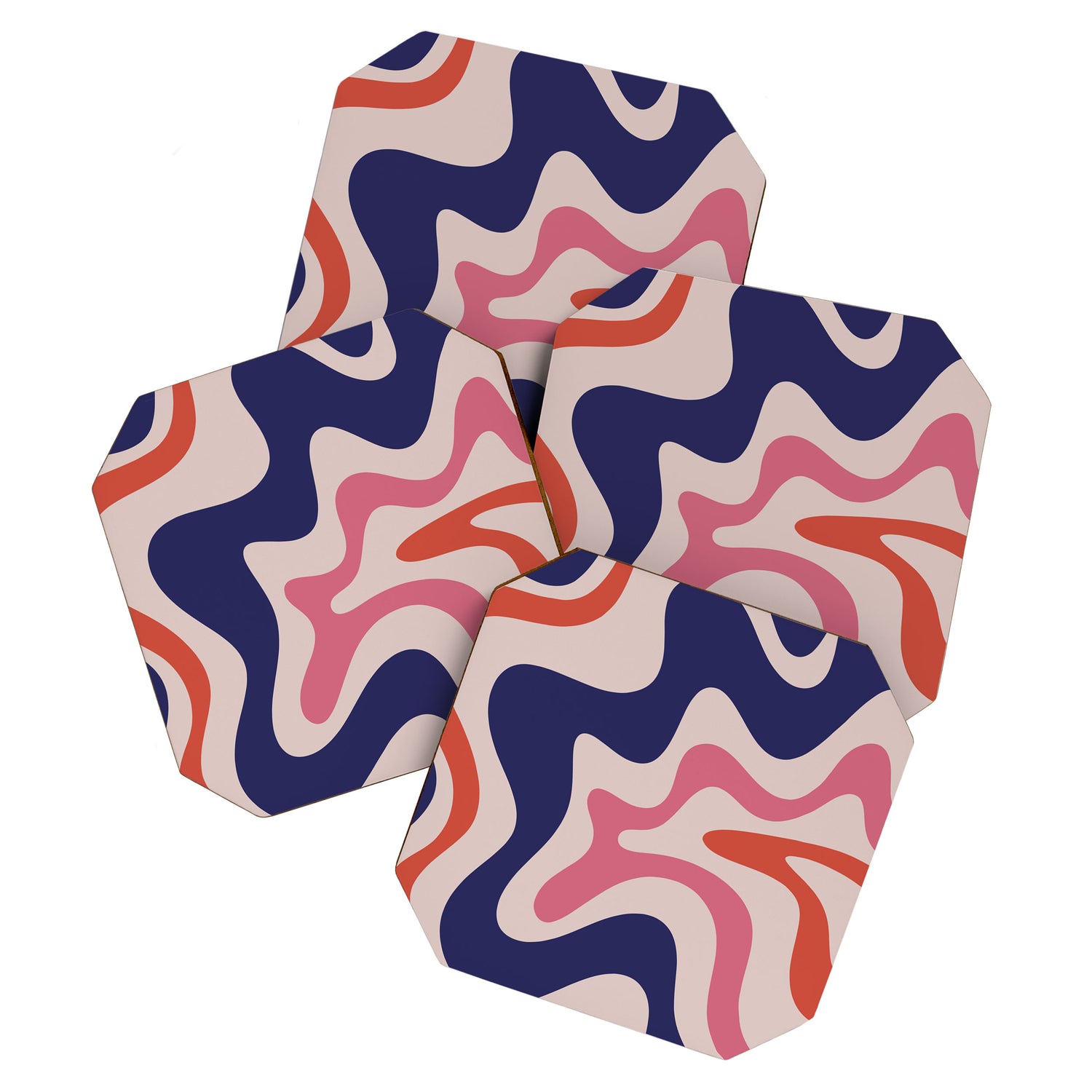 Retro Liquid Swirl Abstract Pattern Square Navy Blue Pink Red-Orange Coaster Gallery Image 1