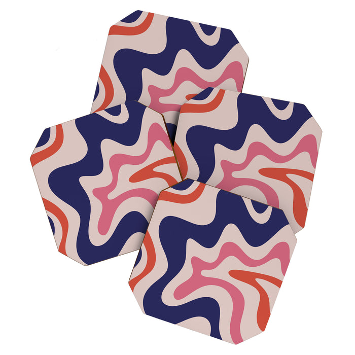 Retro Liquid Swirl Abstract Pattern Square Navy Blue Pink Red-Orange Coaster Gallery Image 1