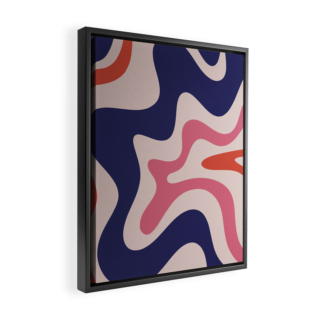 Retro Liquid Swirl Abstract Pattern Square Navy Blue Pink Red-Orange Framed Canvas Print Gallery Image 2