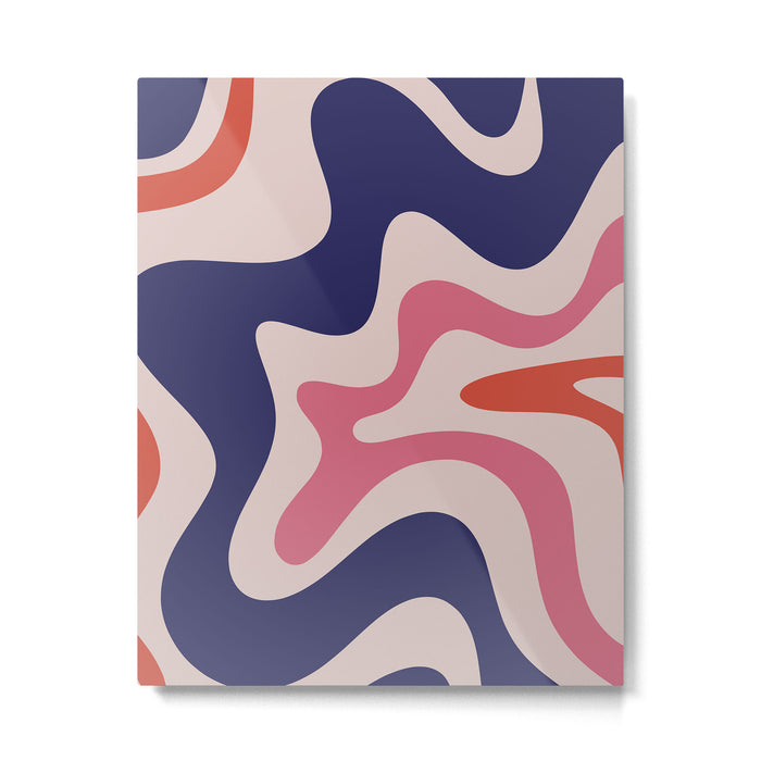 Retro Liquid Swirl Abstract Pattern Square Navy Blue Pink Red-Orange Metal Print Gallery Image 1