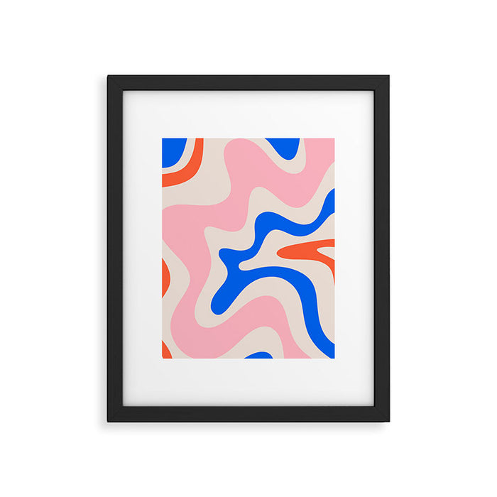 Retro Liquid Swirl Abstract Pattern Square Pink, Orange, and Royal Blue Framed Art Print Gallery Image 1